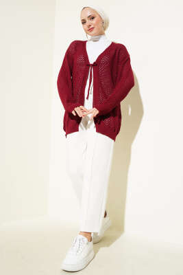 Ajurlu Önü İp Bağlamalı Triko Hırka Bordo - Triko Hırka