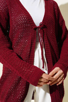 Ajurlu Önü İp Bağlamalı Triko Hırka Bordo - Triko Hırka