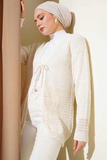 Ajurlu Önü İp Bağlamalı Triko Hırka Ekru - Hırka