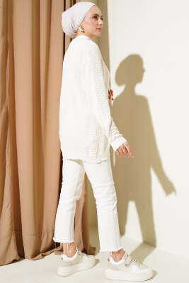 Ajurlu Önü İp Bağlamalı Triko Hırka Ekru - Triko Hırka