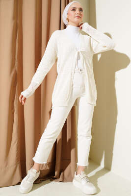 Ajurlu Önü İp Bağlamalı Triko Hırka Ekru - Triko Hırka