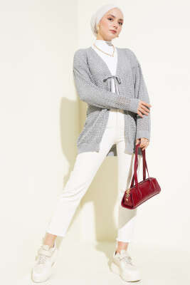 Ajurlu Önü İp Bağlamalı Triko Hırka Gri - Triko Hırka