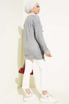 Ajurlu Önü İp Bağlamalı Triko Hırka Gri - Triko Hırka