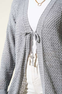 Ajurlu Önü İp Bağlamalı Triko Hırka Gri - Triko Hırka