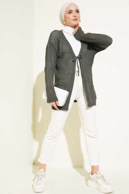 Ajurlu Önü İp Bağlamalı Triko Hırka Haki - Triko Hırka