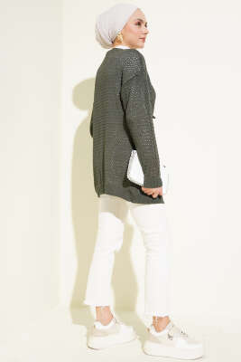 Ajurlu Önü İp Bağlamalı Triko Hırka Haki - Triko Hırka