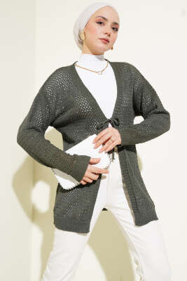 Ajurlu Önü İp Bağlamalı Triko Hırka Haki 