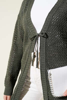 Ajurlu Önü İp Bağlamalı Triko Hırka Haki - Triko Hırka