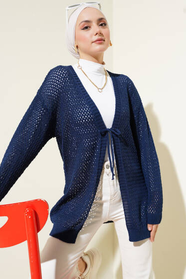 Ajurlu Önü İp Bağlamalı Triko Hırka Lacivert - Hırka