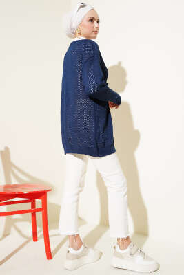 Ajurlu Önü İp Bağlamalı Triko Hırka Lacivert - Triko Hırka