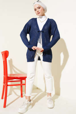 Ajurlu Önü İp Bağlamalı Triko Hırka Lacivert - Triko Hırka