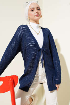 Ajurlu Önü İp Bağlamalı Triko Hırka Lacivert 