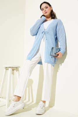 Ajurlu Önü İp Bağlamalı Triko Hırka Mavi - Triko Hırka