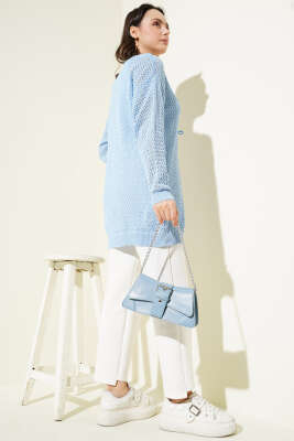 Ajurlu Önü İp Bağlamalı Triko Hırka Mavi - Triko Hırka