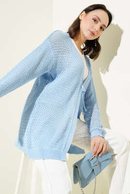 Ajurlu Önü İp Bağlamalı Triko Hırka Mavi 