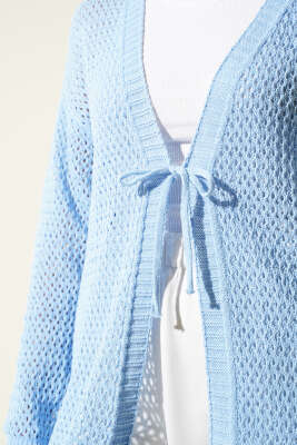 Ajurlu Önü İp Bağlamalı Triko Hırka Mavi - Triko Hırka