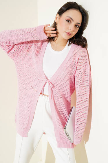 Ajurlu Önü İp Bağlamalı Triko Hırka Pembe - Hırka