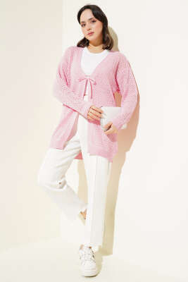 Ajurlu Önü İp Bağlamalı Triko Hırka Pembe - Triko Hırka