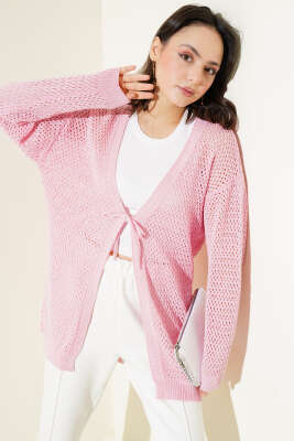 Ajurlu Önü İp Bağlamalı Triko Hırka Pembe 