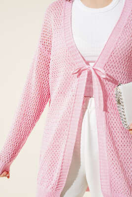 Ajurlu Önü İp Bağlamalı Triko Hırka Pembe - Triko Hırka