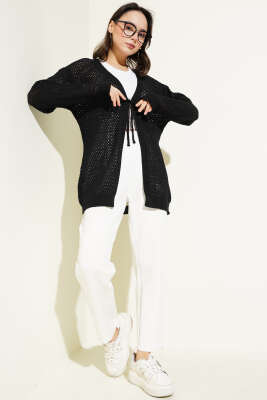 Ajurlu Önü İp Bağlamalı Triko Hırka Siyah - Triko Hırka