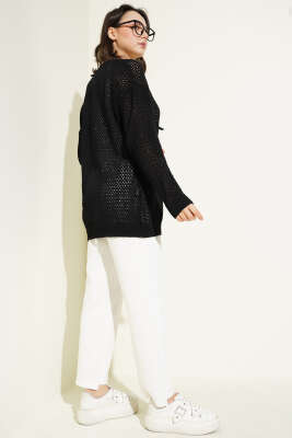 Ajurlu Önü İp Bağlamalı Triko Hırka Siyah - Triko Hırka