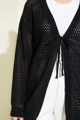 Ajurlu Önü İp Bağlamalı Triko Hırka Siyah - Triko Hırka