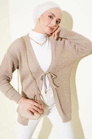 Ajurlu Önü İp Bağlamalı Triko Hırka Vizon - Hırka