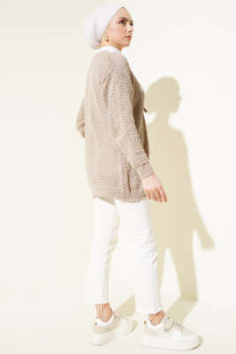 Ajurlu Önü İp Bağlamalı Triko Hırka Vizon - Triko Hırka