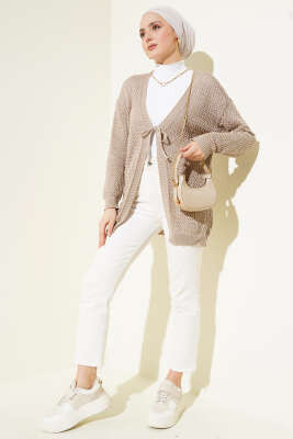Ajurlu Önü İp Bağlamalı Triko Hırka Vizon - Triko Hırka