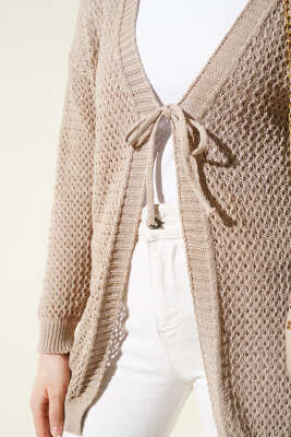 Ajurlu Önü İp Bağlamalı Triko Hırka Vizon - Triko Hırka