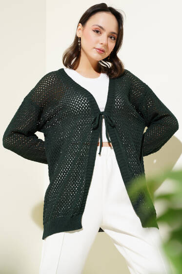 Ajurlu Önü İp Bağlamalı Triko Hırka Zümrüt - Hırka