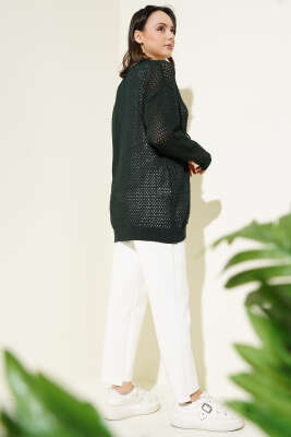 Ajurlu Önü İp Bağlamalı Triko Hırka Zümrüt - Triko Hırka