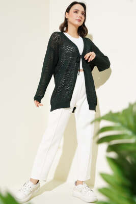 Ajurlu Önü İp Bağlamalı Triko Hırka Zümrüt - Triko Hırka