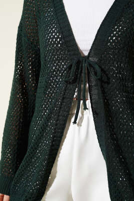 Ajurlu Önü İp Bağlamalı Triko Hırka Zümrüt - Triko Hırka