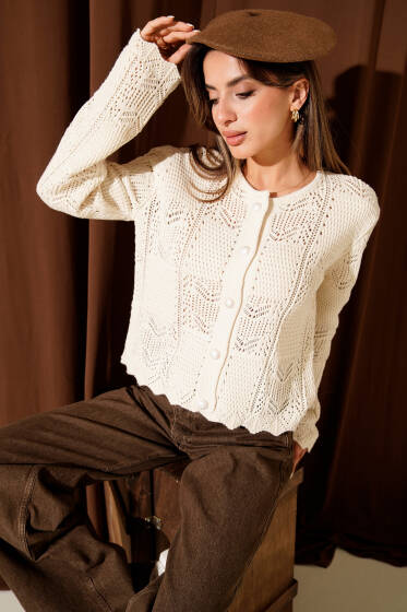 Ajurlu Top Düğmeli Triko Hırka Bej - Kadın Giyim Modelleri