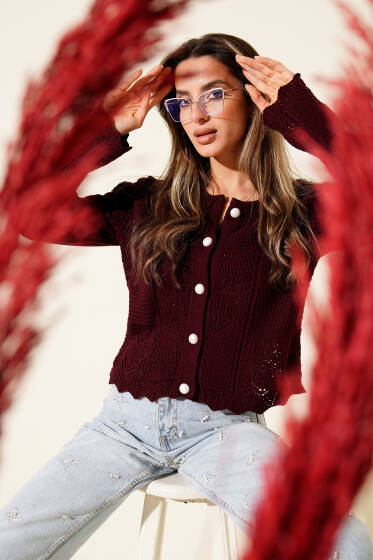 Ajurlu Top Düğmeli Triko Hırka Mürdüm - Kadın Giyim Modelleri