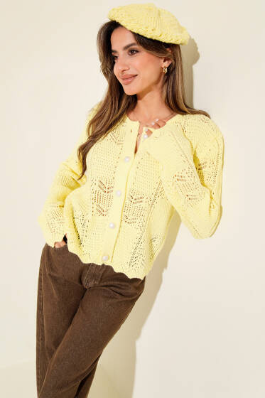 Ajurlu Top Düğmeli Triko Hırka Sarı - Kadın Giyim Modelleri