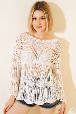 Ajurlu Uzun Kol Kazak Bej - Kadın Giyim Modelleri