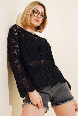 Ajurlu Uzun Kol Kazak Siyah 