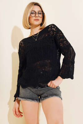 Ajurlu Uzun Kol Kazak Siyah - Kadın Giyim Modelleri