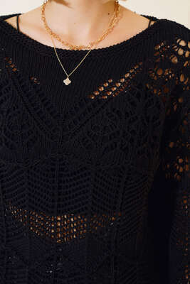 Ajurlu Uzun Kol Kazak Siyah - Kadın Giyim Modelleri