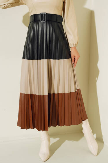 Üç Renk Bloklu Deri Görünüm Etek Siyah - Uzun Etek