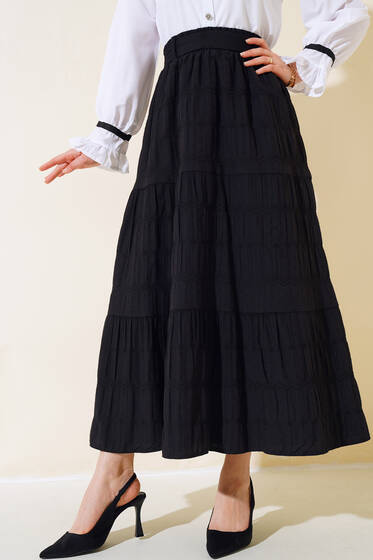 İşlemeli Kat Kat Etek Siyah - Etek