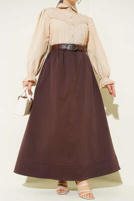 Beli Lastikli Kemerli Kloş Etek Kahve 