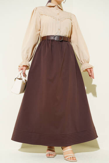 Beli Lastikli Kemerli Kloş Etek Kahve - Etek