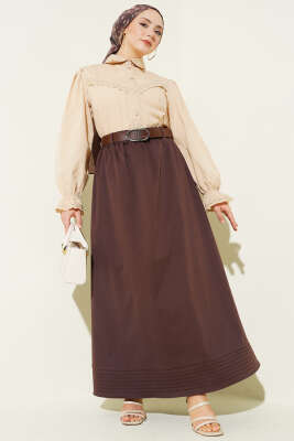 Beli Lastikli Kemerli Kloş Etek Kahve - Etek