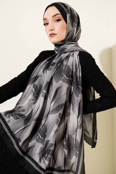 Akvarel Desen Bambu Kraş Şal Antrasit - Başörtüsü