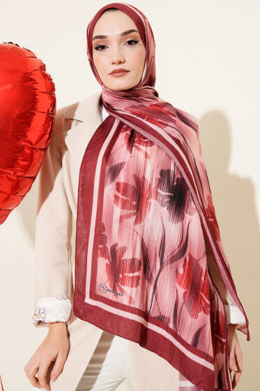 Akvarel Desen Bambu Kraş Şal Bordo - Başörtüsü