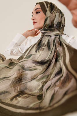 Akvarel Desen Bambu Kraş Şal Haki 